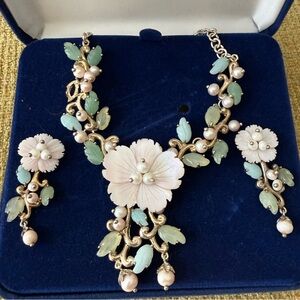 Jade, Mother-of-Pearl, pearls, 925 silver Necklace & Earrings, vintage W Kelly